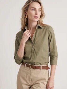 The Shirt by Rochelle Behrens Olive 3/4 Button-Down Shirt